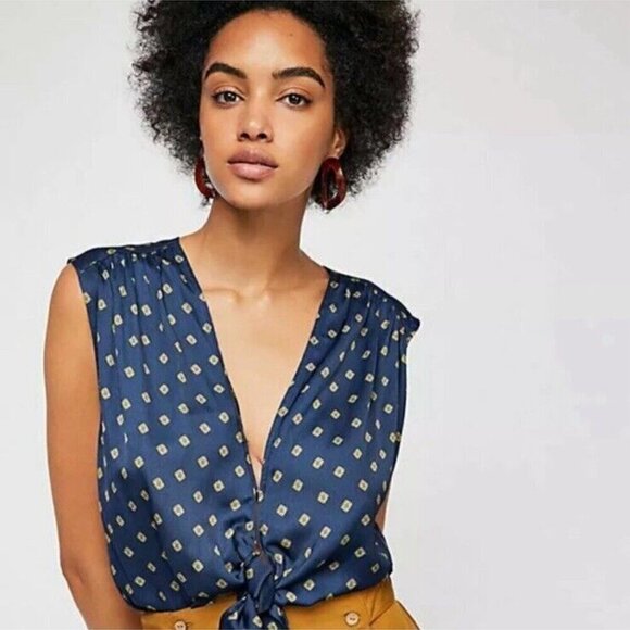 Free People Satin Mornings in Marrakesh Navy Blue Tie-Front Blouse Sz Small - Picture 10 of 11